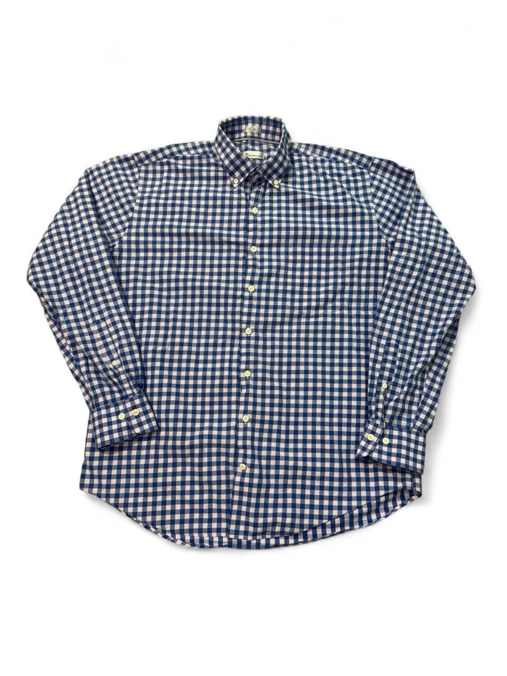 Peter Millar long sleeve button down gingham checkered shirt blue white L mens